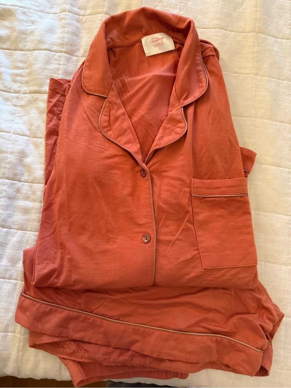 In my Sundays, Mallory Ervin Cozy Salmon-Red Buttoned Pajama Set